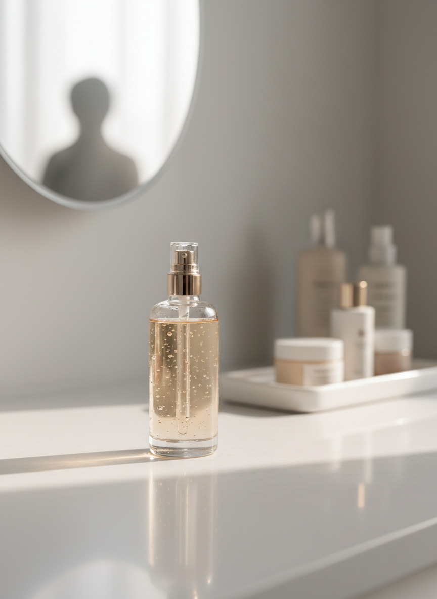 A close-up of an elegant, transparent glass serum bottle with a pale amber liquid, resting on a glossy white bathroom counter beside a simple oval mirror and a ceramic tray. Tiny water droplets cling to the bottle’s surface, emphasizing freshness and hydration. Diffused morning light filters in from an unseen window, casting soft reflections across the counter and a subtle glow along the bottle’s contours. The background is softly blurred, showing hints of neatly arranged skincare items in neutral tones. Photographic realism with a shallow depth of field, eye-level composition, and a serene, refined atmosphere suitable for a sophisticated Korean skincare blog.