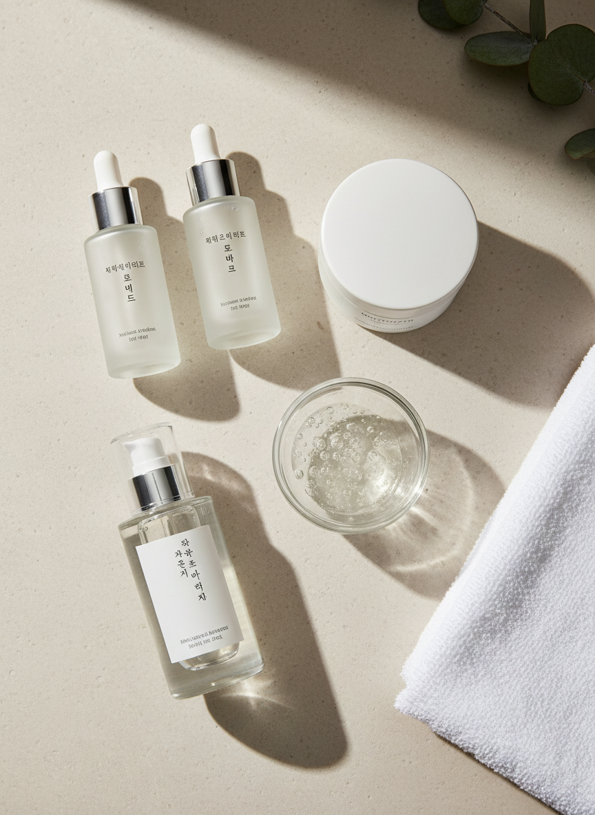 A meticulously arranged flat lay of high-end skincare products displayed on a smooth, light beige stone surface. Frosted glass serum bottles with silver droppers, a minimalist white moisturizer jar, and a translucent toner bottle with subtle Korean labeling are carefully spaced, accompanied by a small glass bowl of clear gel texture and a folded, plush white face towel. Soft natural daylight from the left creates gentle, elongated shadows and delicate highlights along the glass edges. A blurred background hint of eucalyptus leaves adds a spa-like touch. Photographic realism with a clean, modern aesthetic, shot from a bird’s-eye view with sharp focus and a calm, sophisticated mood that suggests luxurious yet gentle skincare.