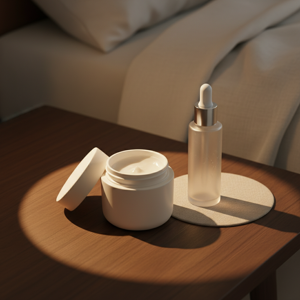 A minimalistic nighttime skincare routine scene featuring a sleek, matte ivory cream jar with a slightly open lid, revealing a smooth, rich texture inside, placed on a dark wooden bedside table. Next to it, a slim, frosted glass bottle of sleeping mask stands upright on a small linen coaster. Warm, dim bedside lamp light creates a cozy golden pool of illumination, with gentle shadows stretching backward and subtle reflections on the glass. In the background, softly blurred neutral bedding evokes rest and relaxation. Photographic realism, shot from a slightly elevated angle with a calm, intimate mood that highlights the ritual of Korean nighttime skincare and self-care.