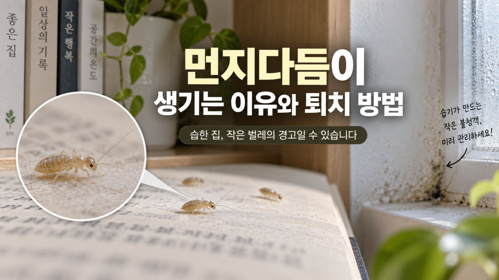 책과 습한 창가 주변에 나타난 먼지다듬이와 습기 관리 모습